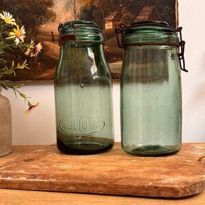 Classic Antique French Green Glass Jars Set of Two